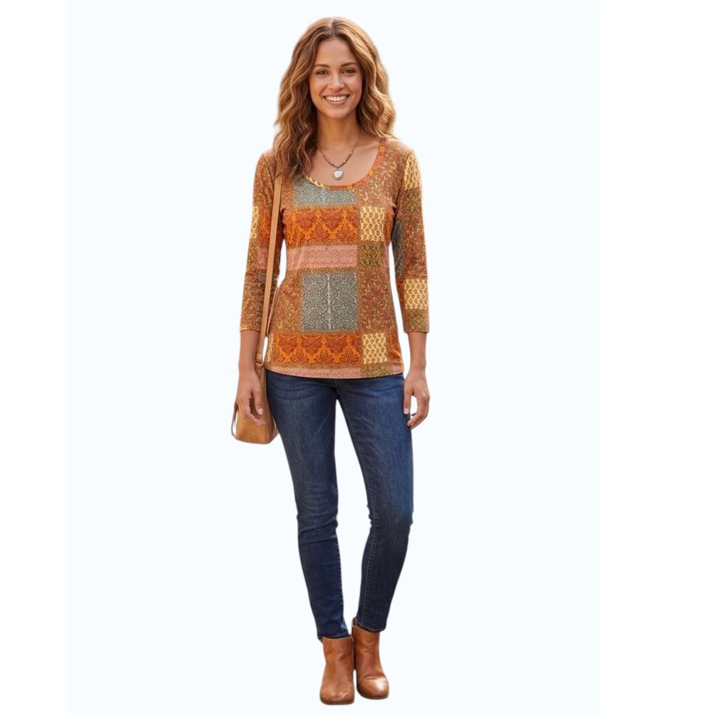 Cato Patchwork Paisley Scoop Neck Top 3/4 Sleeve Small NWT